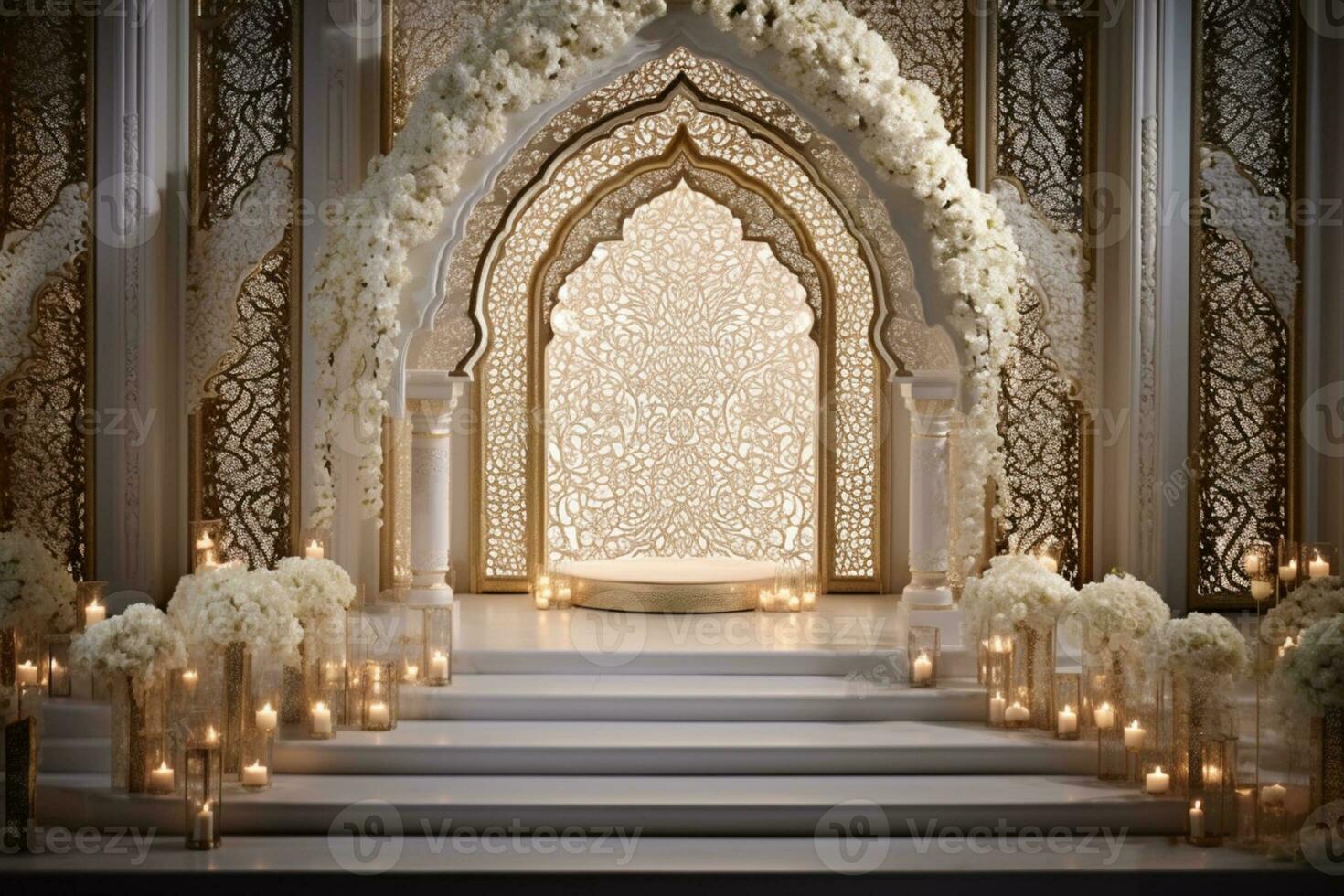 AI Generated wedding arch with flowers on white photo