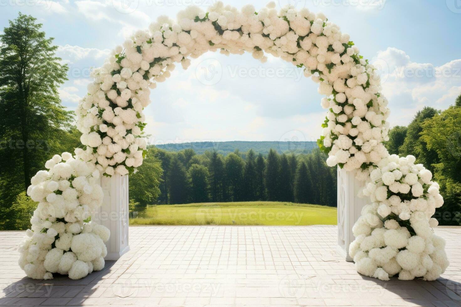 AI Generated Outdoor Wedding Arch with Flowers photo