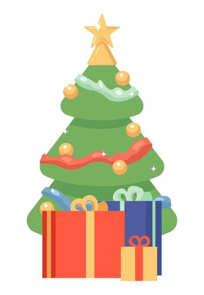 Gifts christmas tree 2D cartoon object. Spruce new year. Giftboxes presents xmas tree isolated vector item white background. Festive celebration. X mas fir gift boxes color flat spot illustration