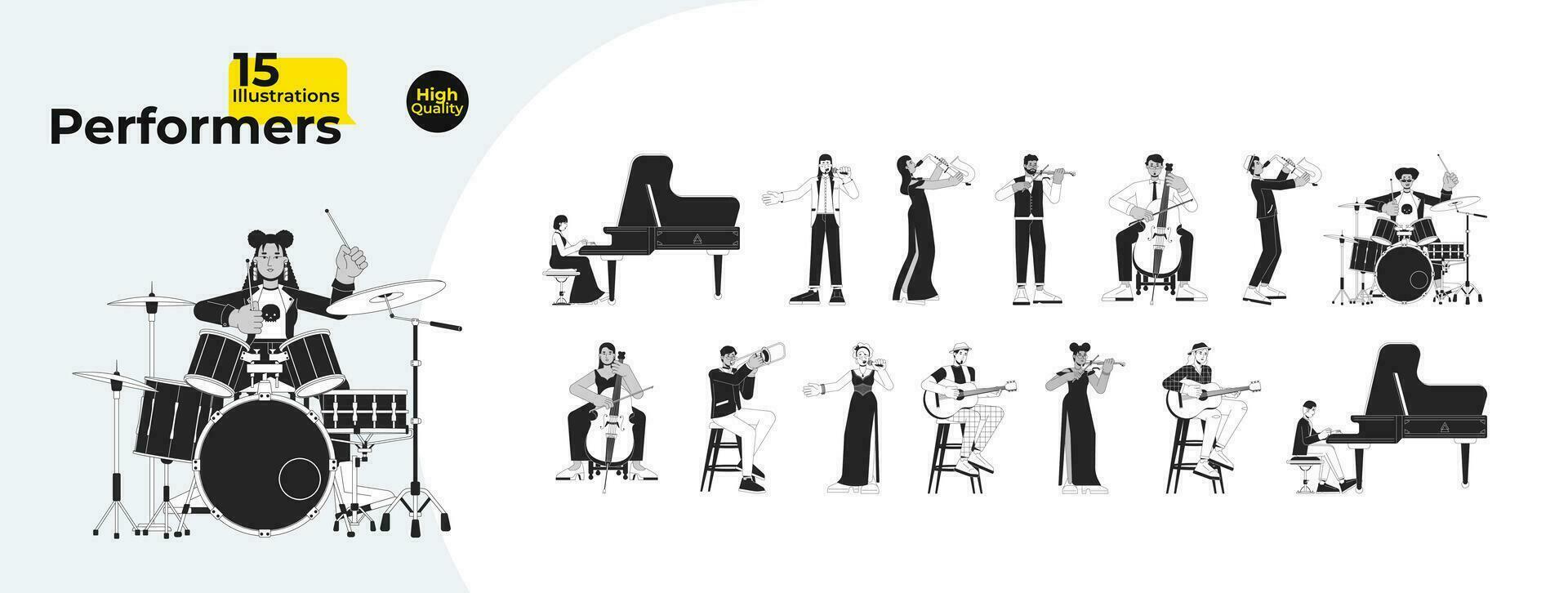 músicos personas diverso negro y blanco dibujos animados plano ilustración manojo. música intérpretes 2d arte lineal caracteres aislado. pianista, batería, cantante monocromo vector contorno imagen colección