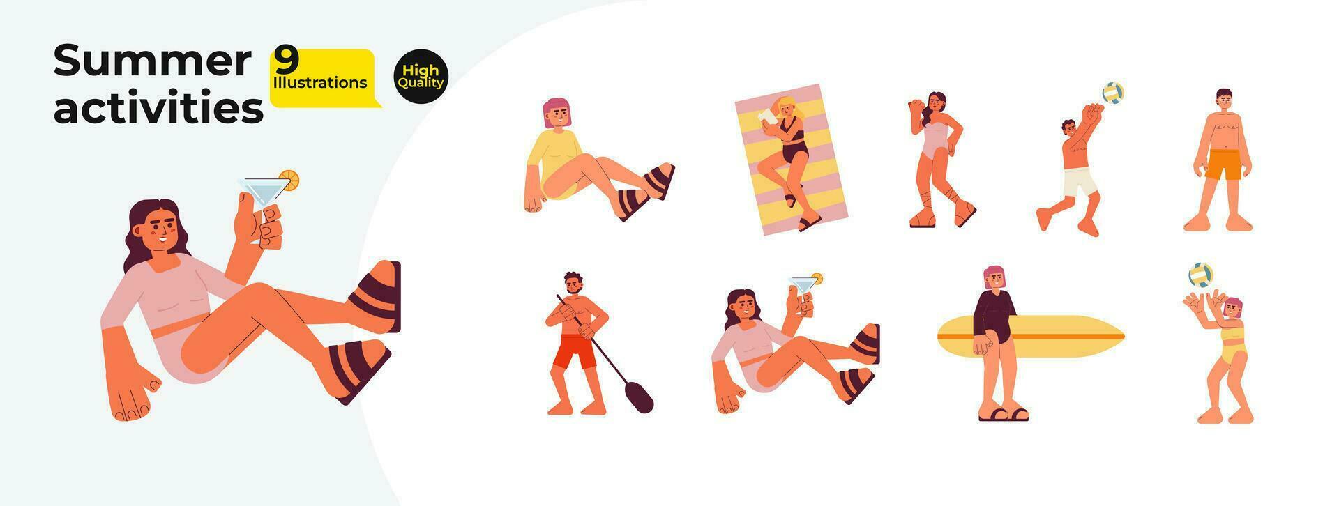 Summertime people diversity cartoon flat illustration bundle. Swimwear beach multiracial young adults 2D characters isolated on white background. Summer holiday season vector color image collection