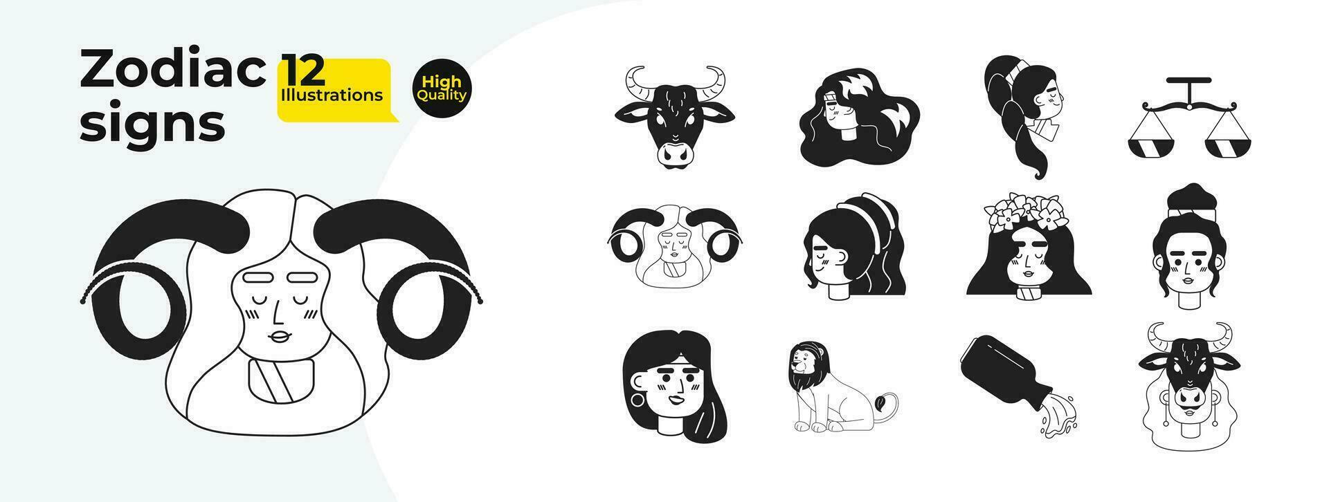 Astrology zodiac signs black and white cartoon flat illustration bundle. Archetypes multicultural people, animals linear 2D characters isolated. Horoscope symbols monochromatic vector image collection