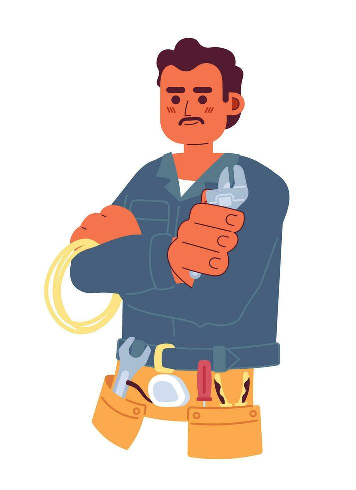 Handyman mexican mid adult 2D cartoon character. Latin american mustache repairman isolated vector person white background. Holding wrench moustache guy with belt tools color flat spot illustration