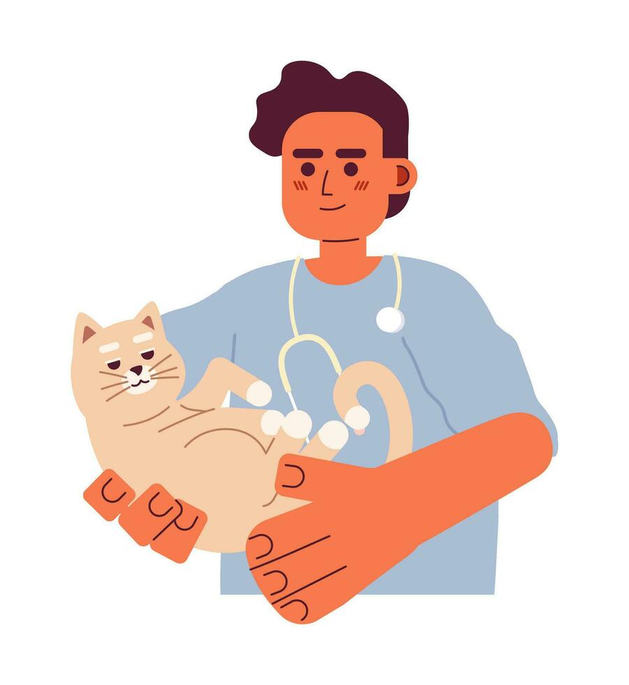 Veterinarian male middle eastern 2D cartoon character. Arab vet man holding cat in hands isolated vector person white background. Professional specialist with pet color flat spot illustration