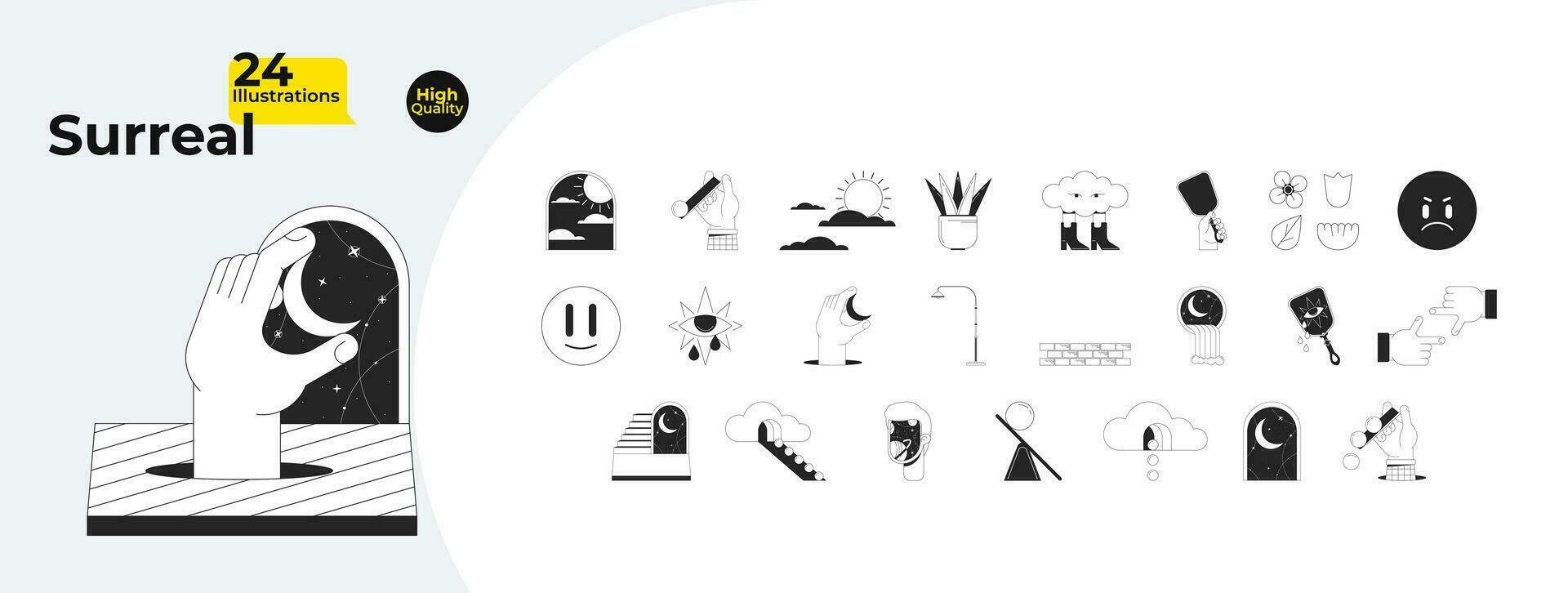 Surrealism dreams black and white 2D line cartoon concept objects bundle. Surreal esoteric symbols isolated vector outline items collection. Fantasy monochromatic flat spot illustration collection