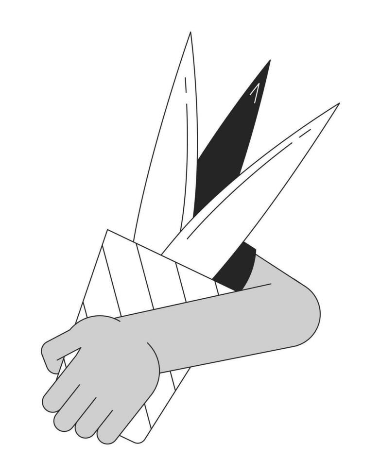 Carrying houseplant cartoon human hand outline illustration. Flower shop. Potted plant holding 2D isolated black and white vector image. Florist gardener hobby flat monochromatic drawing clip art