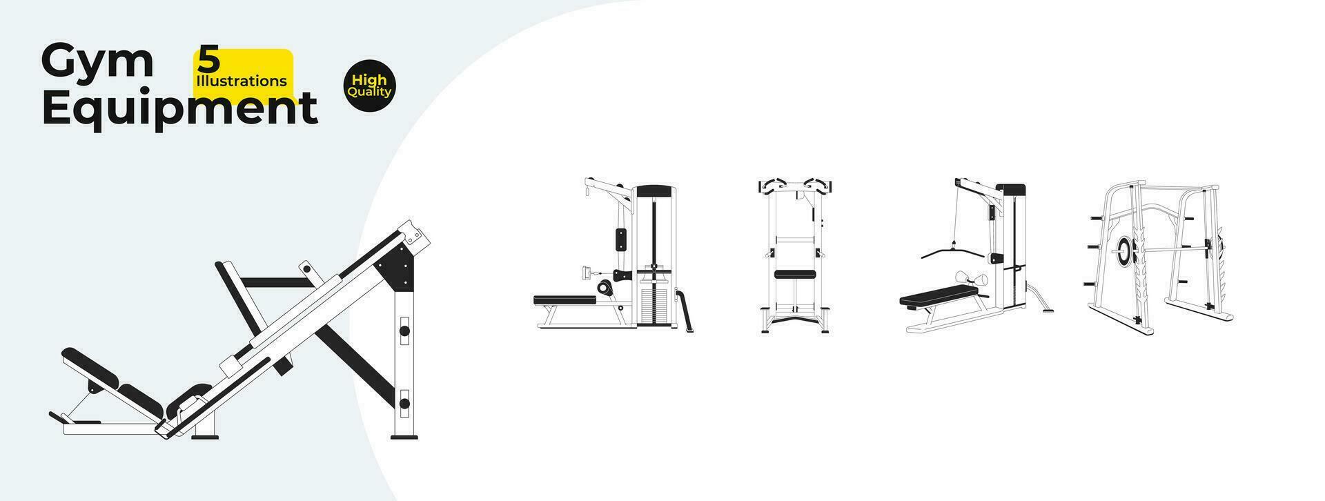 Workout gym equipment black and white 2D line cartoon objects bundle. Seated cable row, pullup, power rack, leg press machines isolated vector outline items. Monochromatic flat spot illustration set