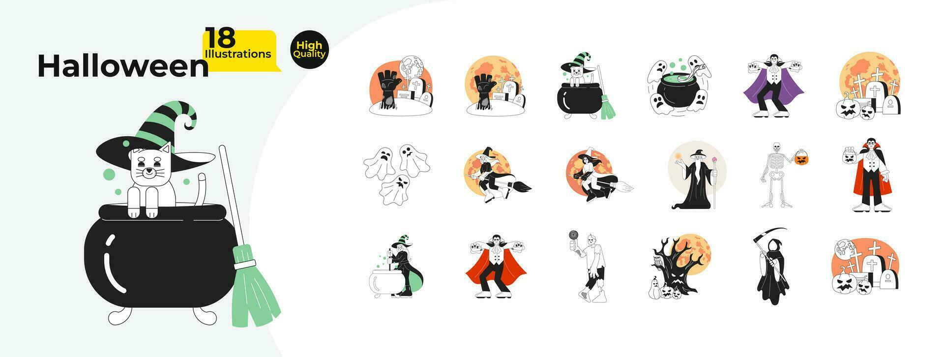 Halloween traditional black and white cartoon flat illustration bundle. Scary pumpkins, wicked witch, vampire, zombie linear 2D characters isolated. Graveyard monochromatic vector image collection