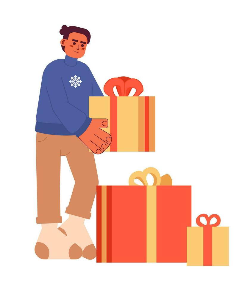 Latin american man collecting presents Xmas 2D cartoon character. Hispanic guy holding giftbox isolated vector person white background. Winter clothes sweater male color flat spot illustration