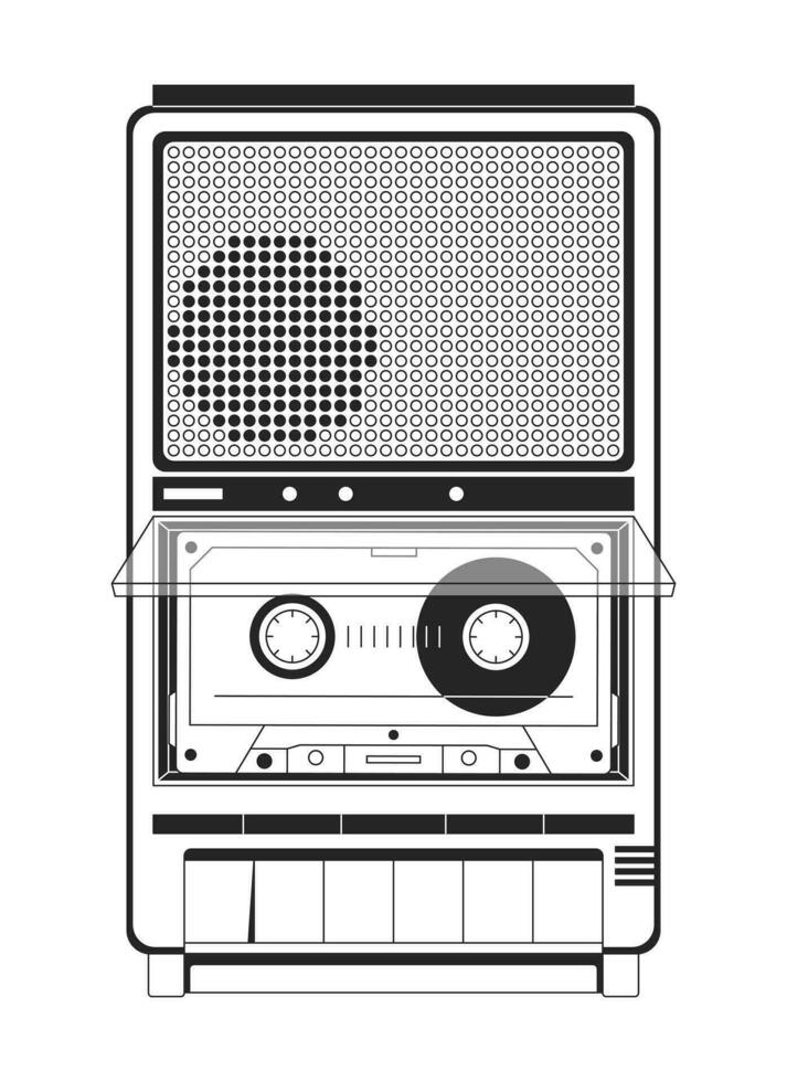 Cassette 80s audio equipment black and white 2D line cartoon object. Audiocassette inside retro device isolated vector outline item. Listening music vintage monochromatic flat spot illustration