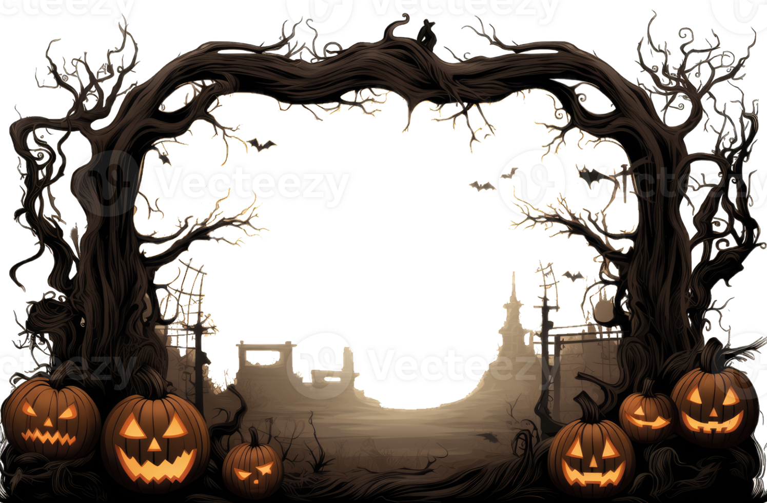 Halloween Backdrop, background, photo frame, pattern, pumpkin head jack lantern, Pumpkins In Graveyard In The Spooky Night, transparent background, AI Generated png