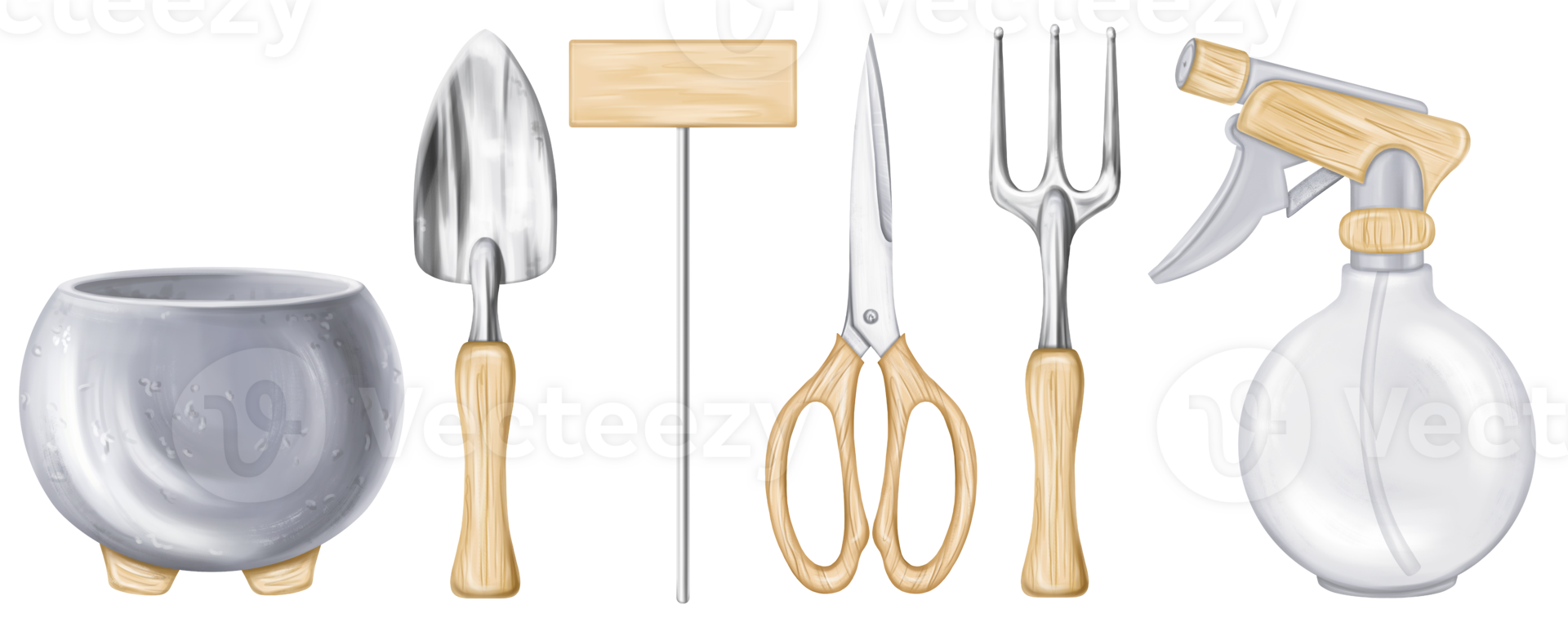 A set of garden tools rake, shovel, scissors, spray gun, pot and index plate. Equipment of florist and an agronomist for cultivating the land, farm, plant and flower. Digital isolated illustration png