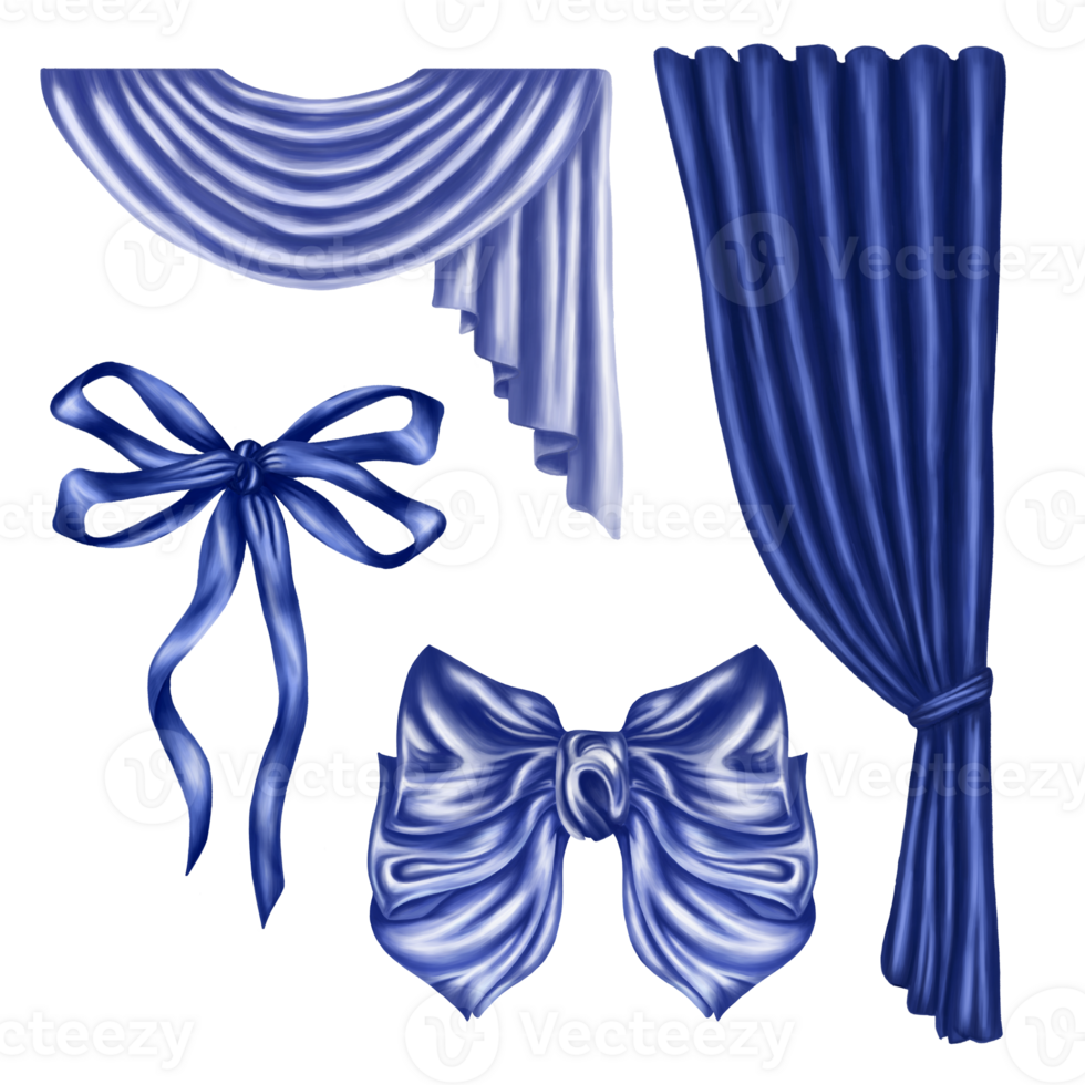 A set of draped objects made of blue shiny fabric. Home curtains and drapes, silk ribbons and bows. Interior decorations, for windows, theatrical costumes and halls. Isolated digital illustration png