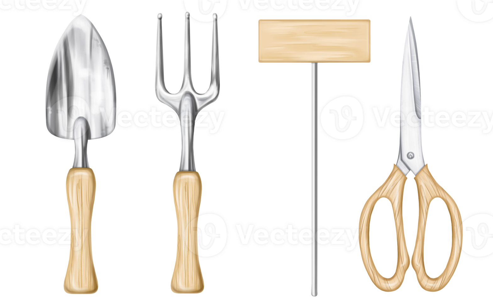 A set of garden tools rake, shovel, scissors and index plate. Equipment of a florist and an agronomist for cultivating the land, care of the farm, plants and flowers. Digital isolated illustration png