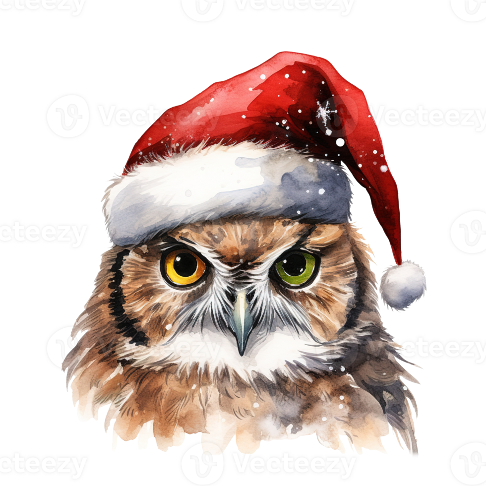 Owl Wearing Santa Hat For Christmas Event. Watercolor Style. AI