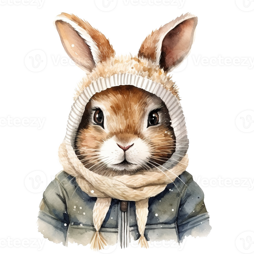 Rabbit Wearing Winter Clothes For Christmas Event. Watercolor Style. AI Generated png