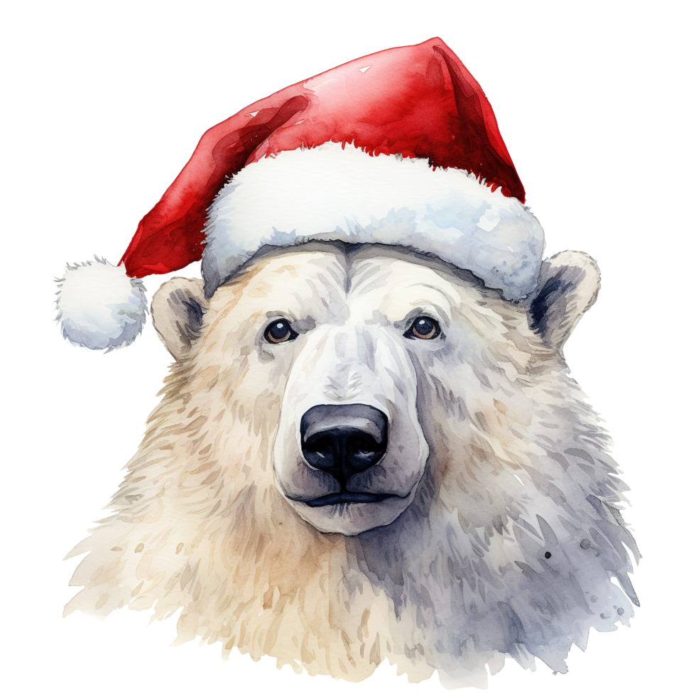 Polar Bear Wearing Santa Hat For Christmas Event. Watercolor Style. AI Generated png