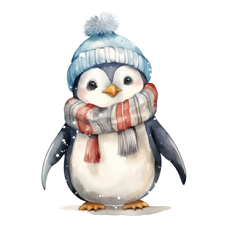 Penguin Wearing Winter Clothes For Christmas Event. Watercolor Style. AI Generated png