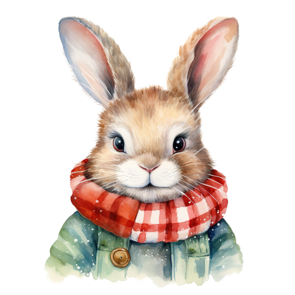 Rabbit Wearing Winter Clothes For Christmas Event. Watercolor Style. AI Generated png