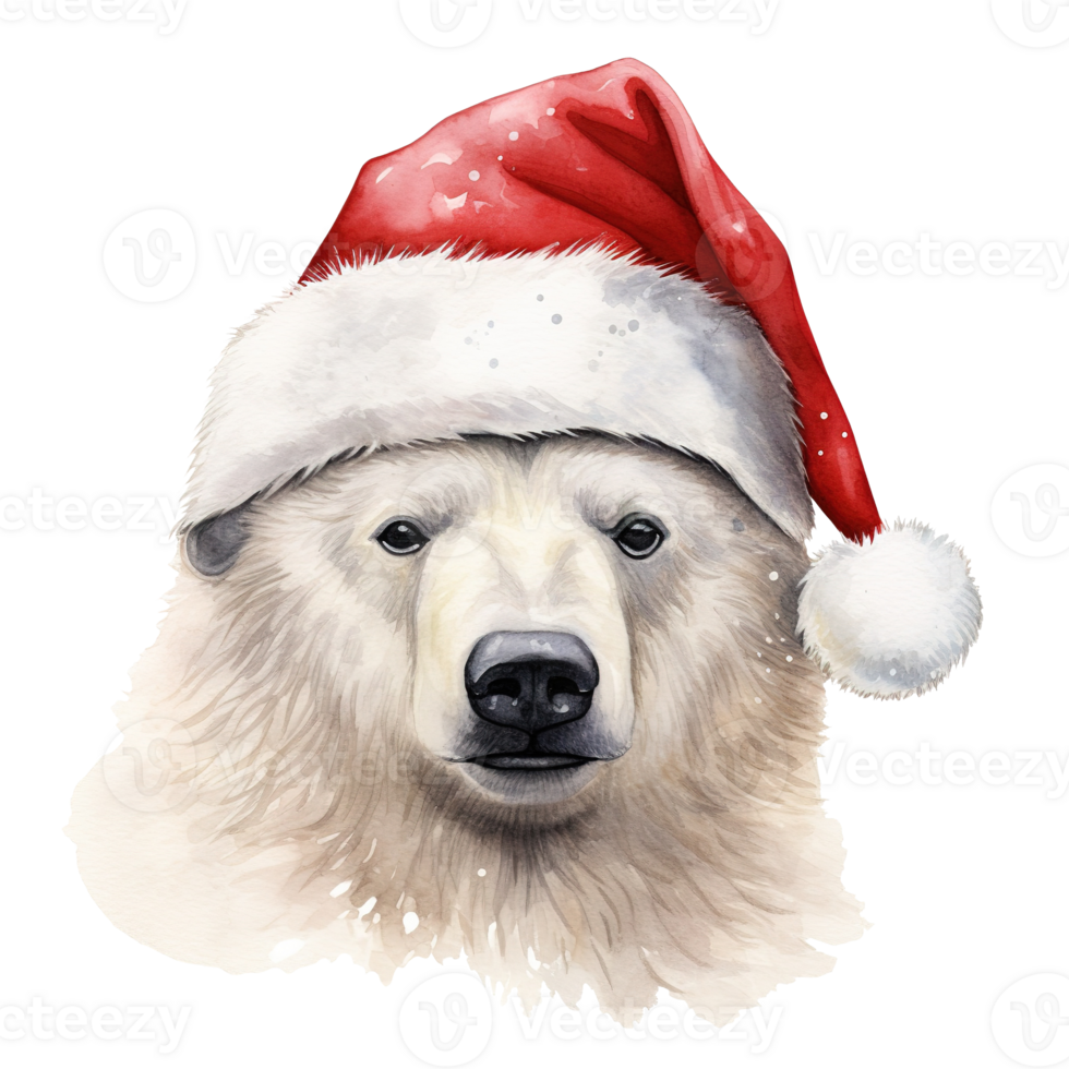 Polar Bear Wearing Santa Hat For Christmas Event. Watercolor Style. AI Generated png