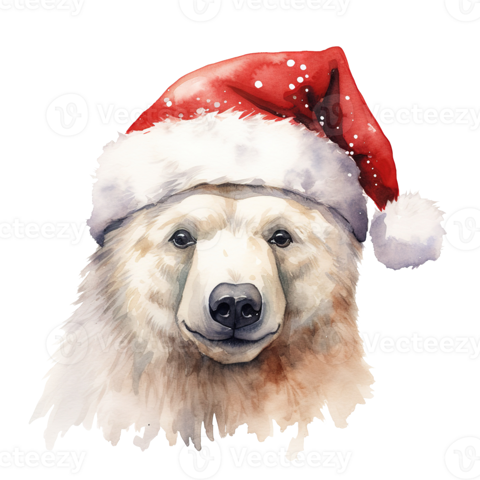 Polar Bear Wearing Santa Hat For Christmas Event. Watercolor Style. AI Generated png