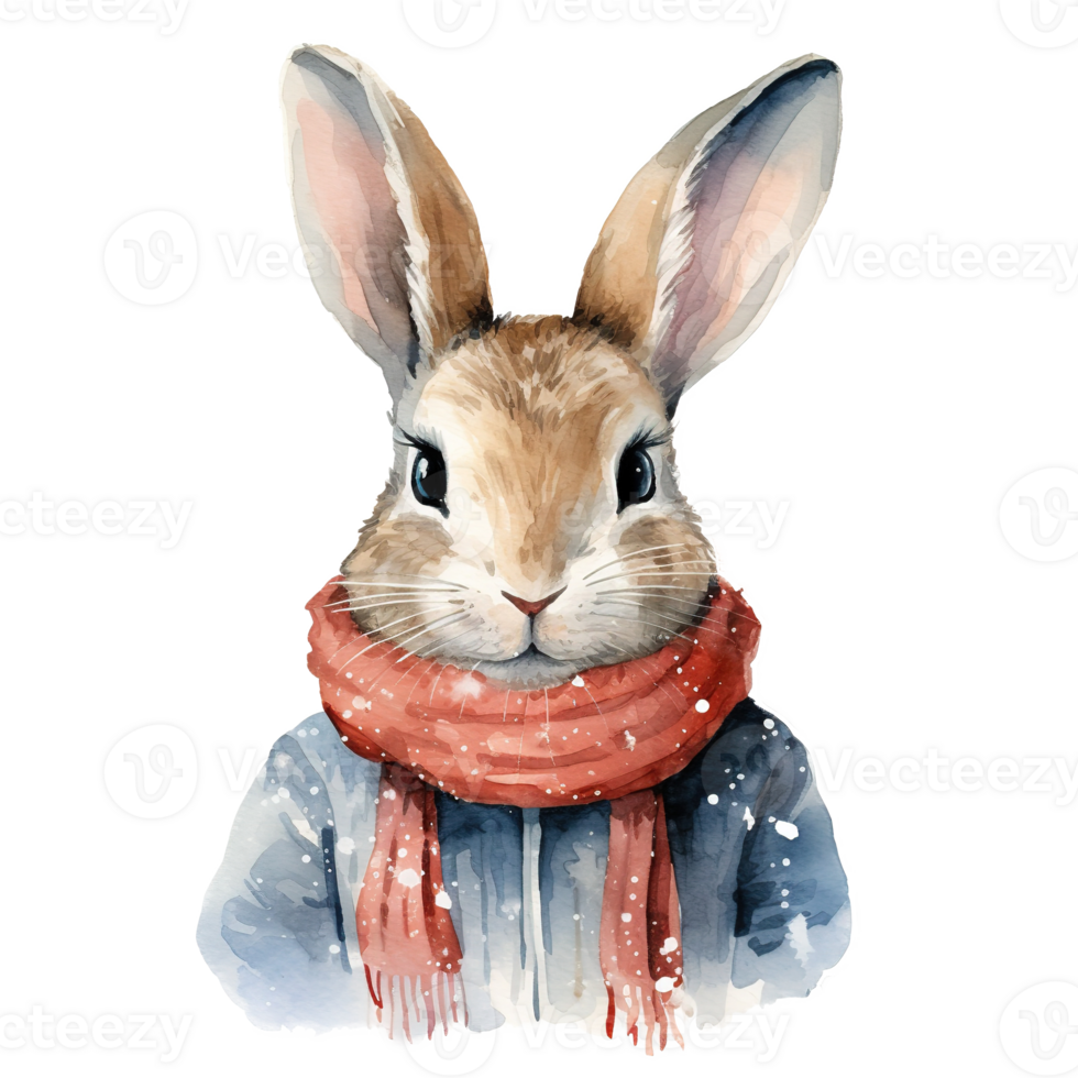 Rabbit Wearing Winter Clothes For Christmas Event. Watercolor Style. AI Generated png