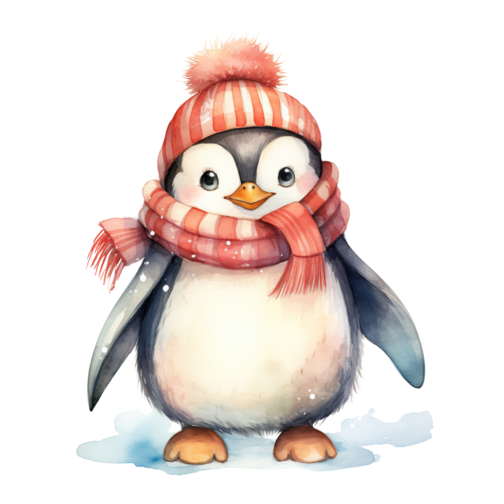 Penguin Wearing Winter Clothes For Christmas Event. Watercolor Style. AI Generated png