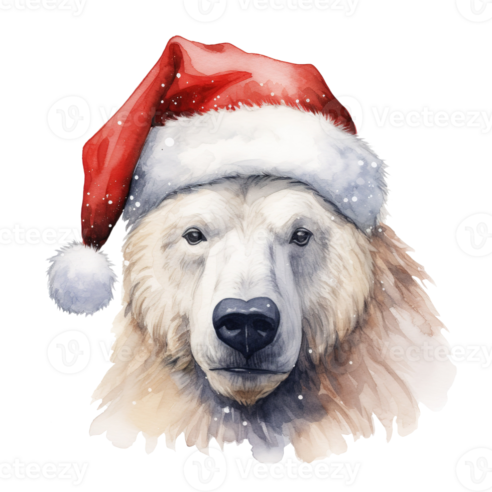Polar Bear Wearing Santa Hat For Christmas Event. Watercolor Style. AI Generated png