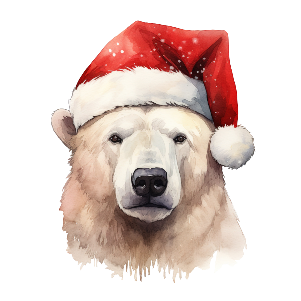 Polar Bear Wearing Santa Hat For Christmas Event. Watercolor Style. AI Generated png