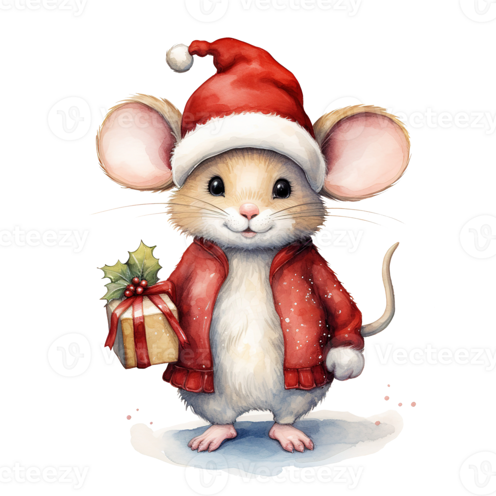 Mouse Wearing Santa Costume For Christmas Event. Watercolor Style. AI Generated png