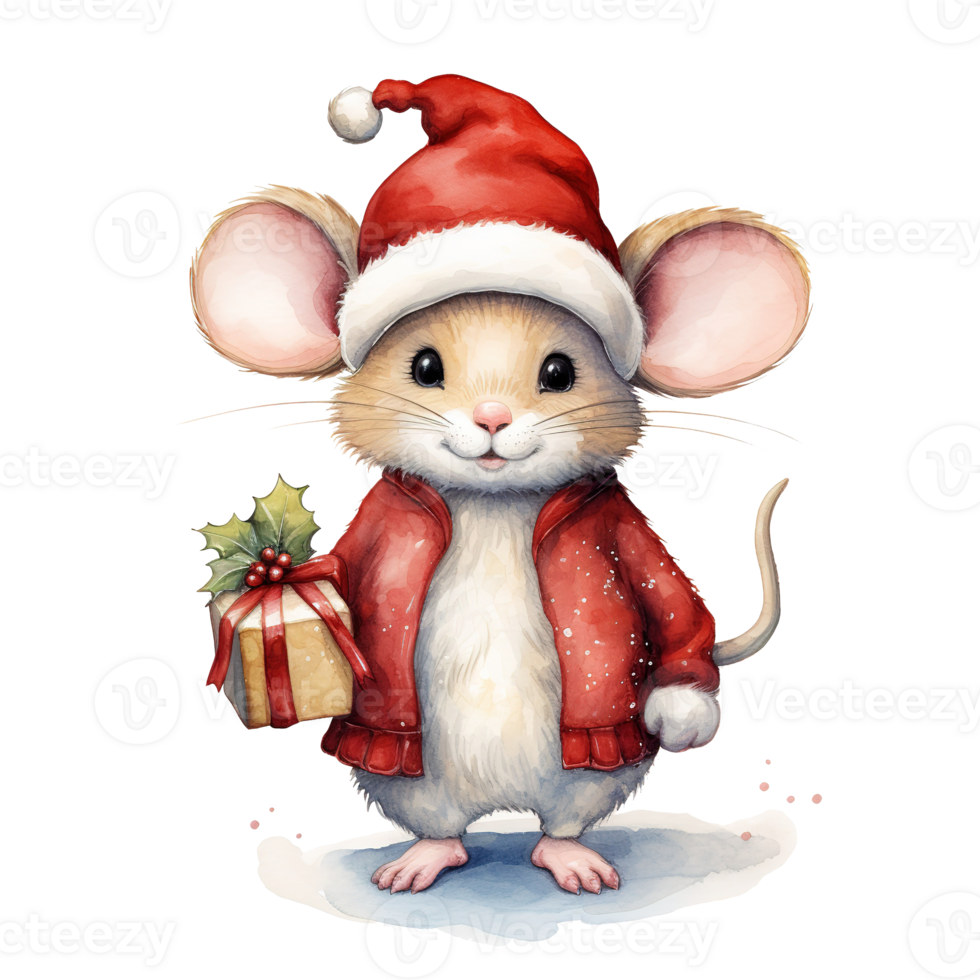 Mouse Wearing Santa Costume For Christmas Event. Watercolor Style. AI Generated png