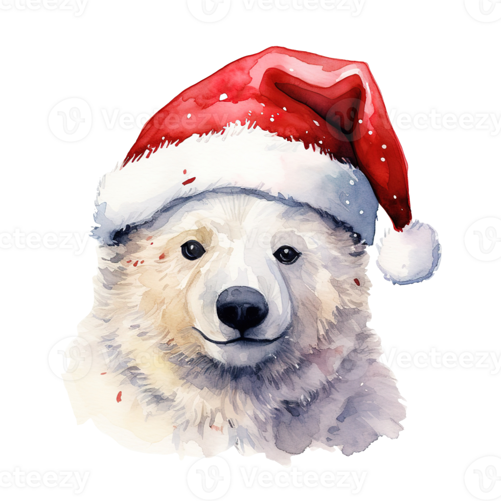 Polar Bear Wearing Santa Hat For Christmas Event. Watercolor Style. AI Generated png