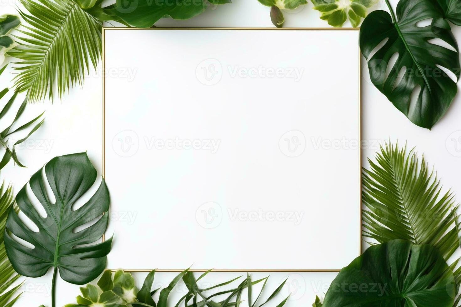 AI Generated green leaves frame on white photo