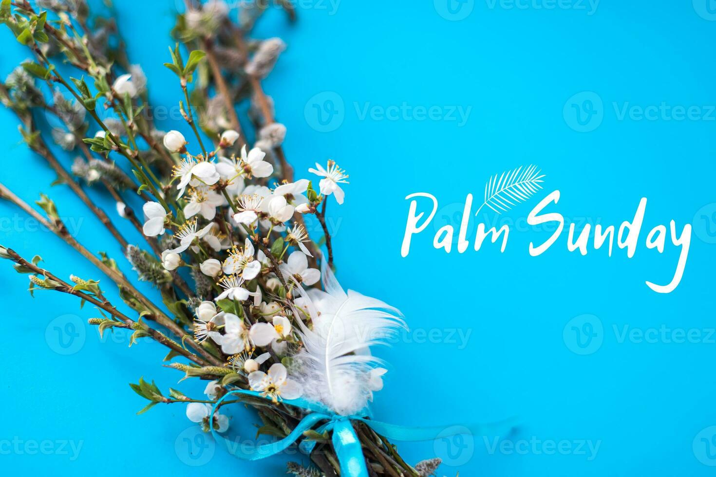 Text Palm Sunday. bouquet of willow and cherry branches. symbol of palm branch for holiday before Easter. photo