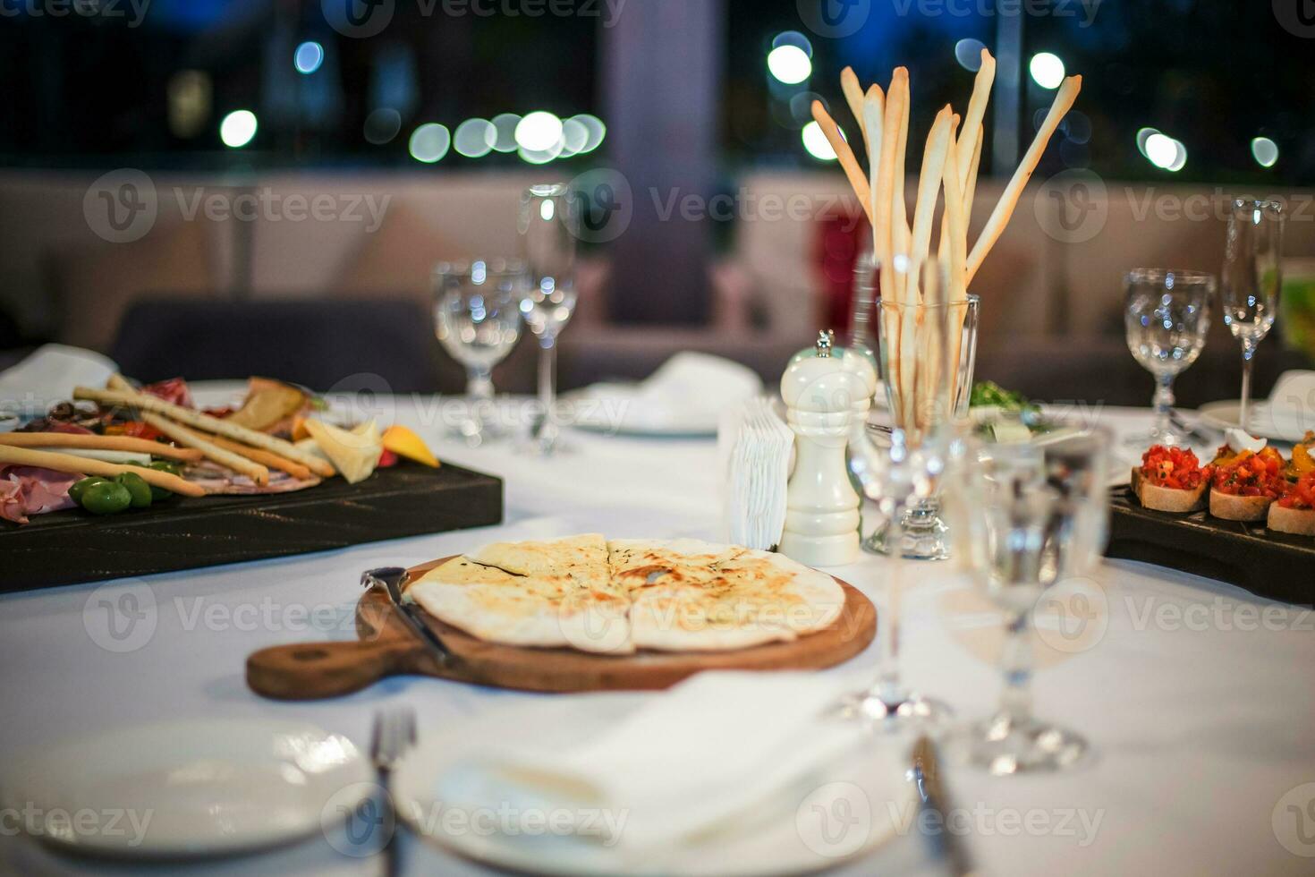 Pete, bread, sandwiches on the festive table. Beautifully decorated table with food. photo