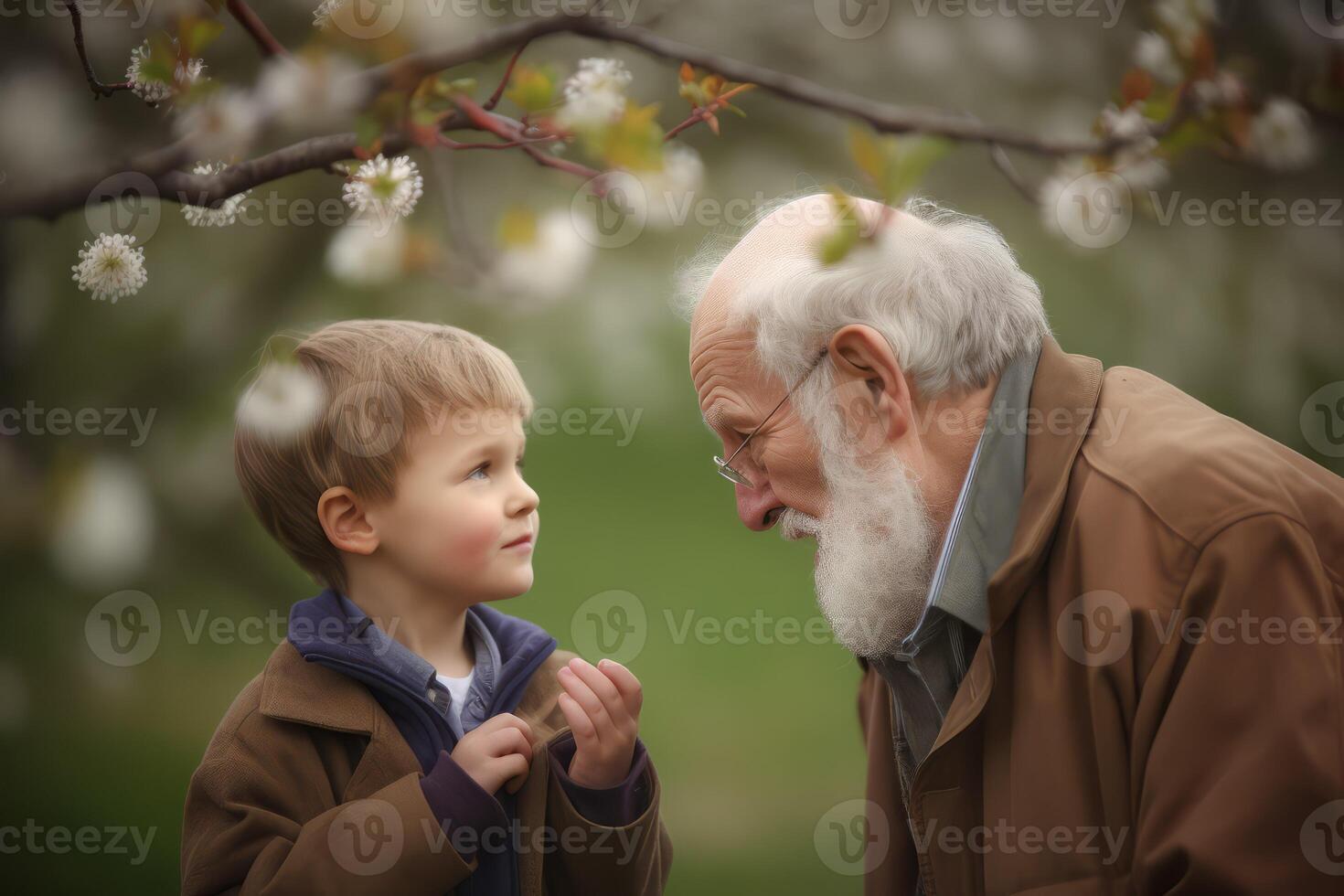 Grandfather and grandson in spring garden. Generate Ai photo