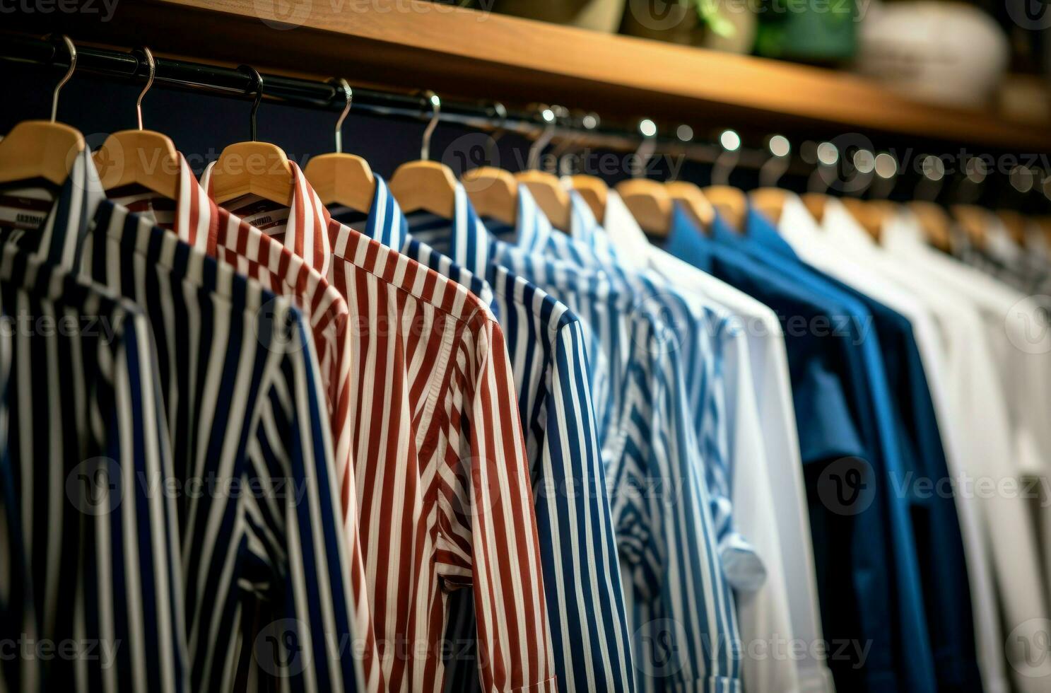 clásico de los hombres camisas en percha estante boutique. generar ai foto