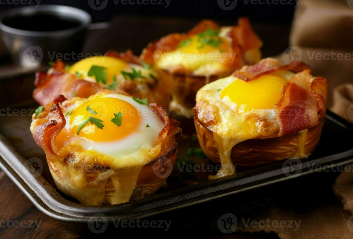 Baked bacon egg muffins cheese snack. Generate AI photo