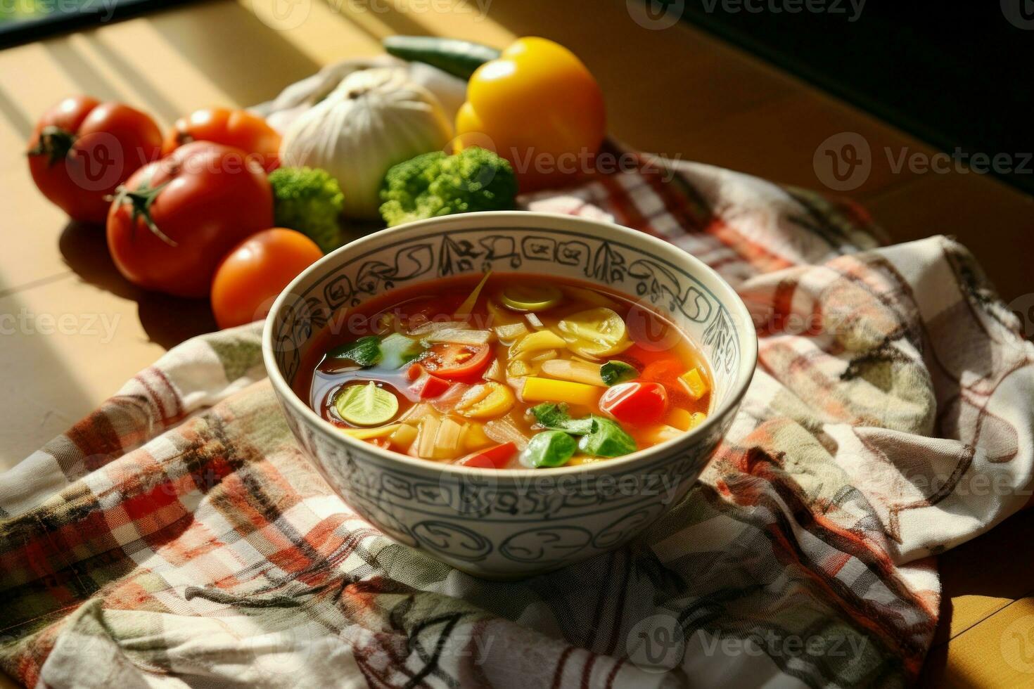 Bowl with fresh vegetable soup. Generate Ai photo