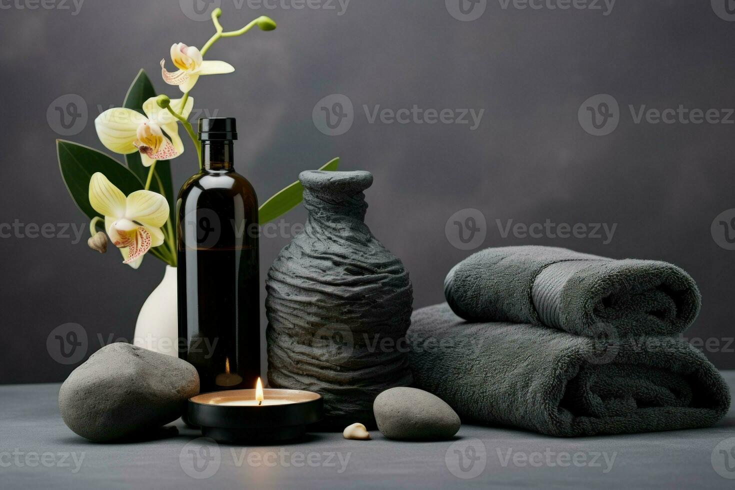 Composition of spa treatment on grey wall with texture vase. Generate Ai photo