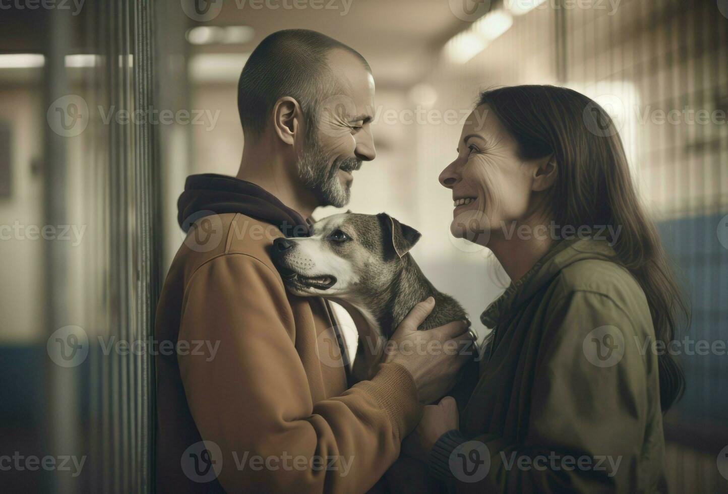 Happy couple adopting a dog. Generate ai photo