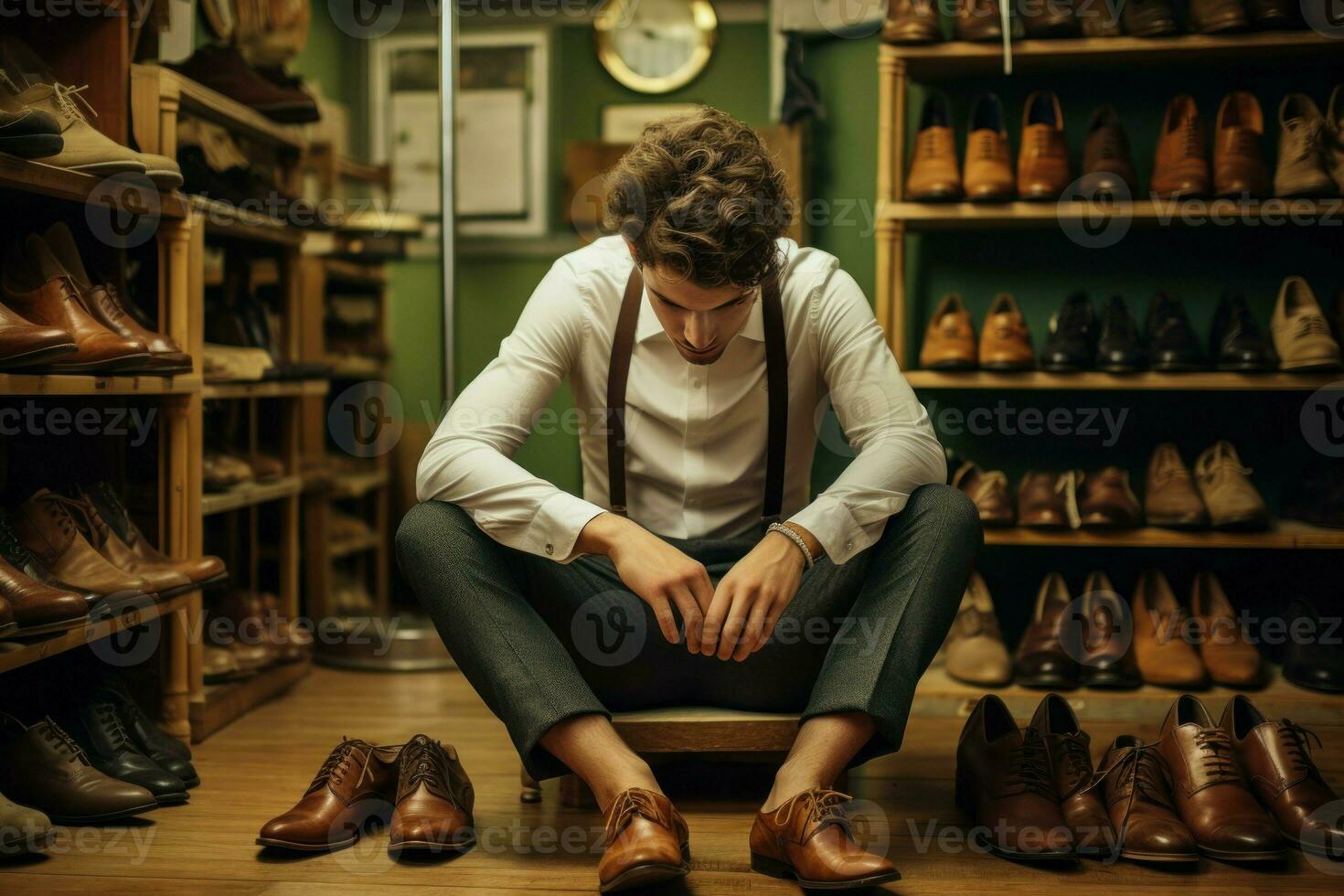 Young man trying on shoes in shop market. Generate Ai photo