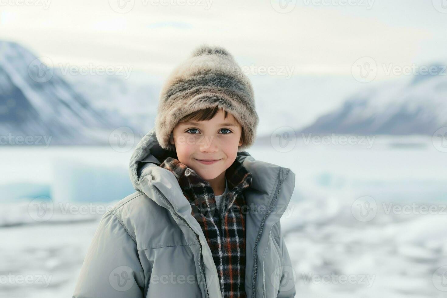 Rosy-cheeked Child boy in warm winter clothes at village. Generate AI photo