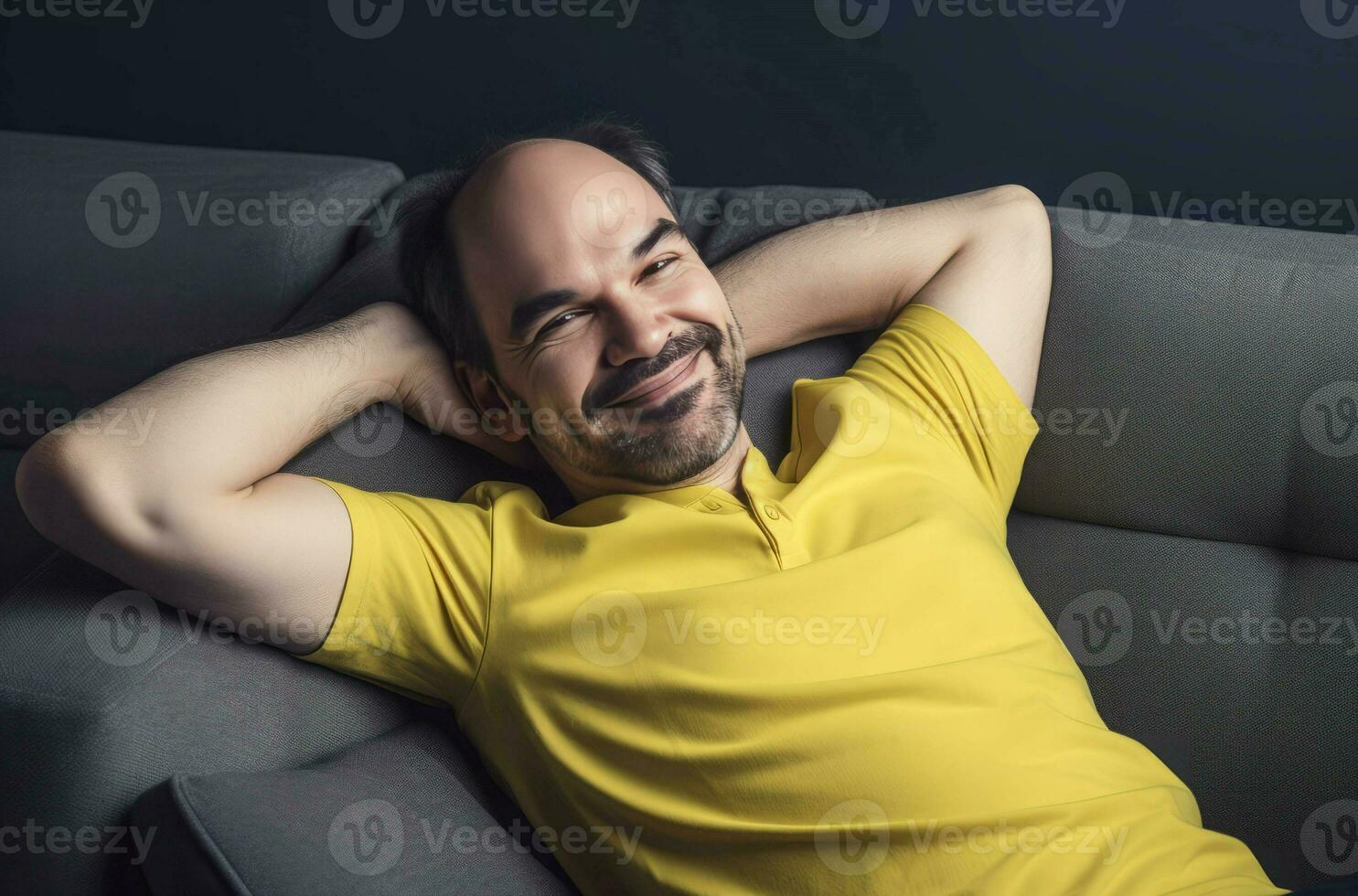 Relaxed bearded man lying on couch. Generate ai photo