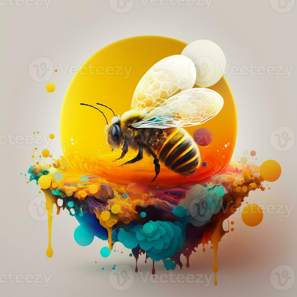 A bee over a yellow-blue futuristic cloud against the background of the sun. Modern beekeeper logo. Generative AI photo