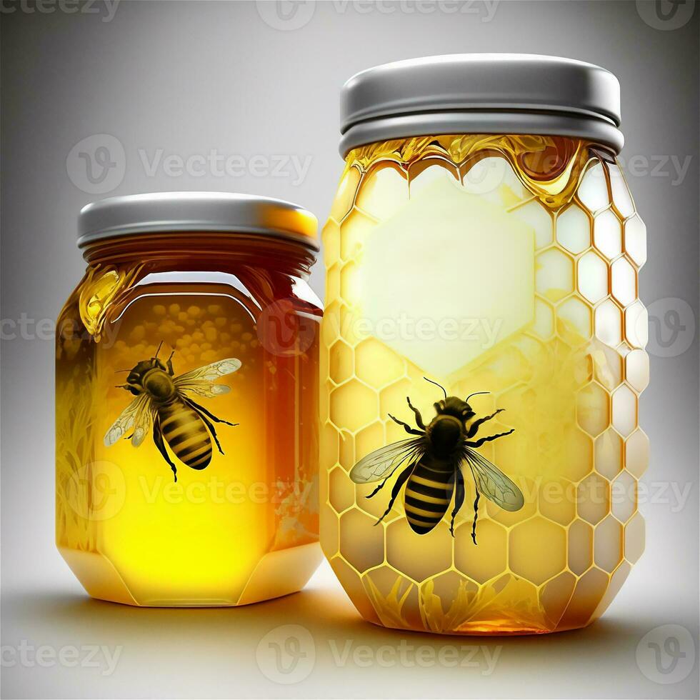 Honey bees on beautiful relief jars with honey . Generative AI photo