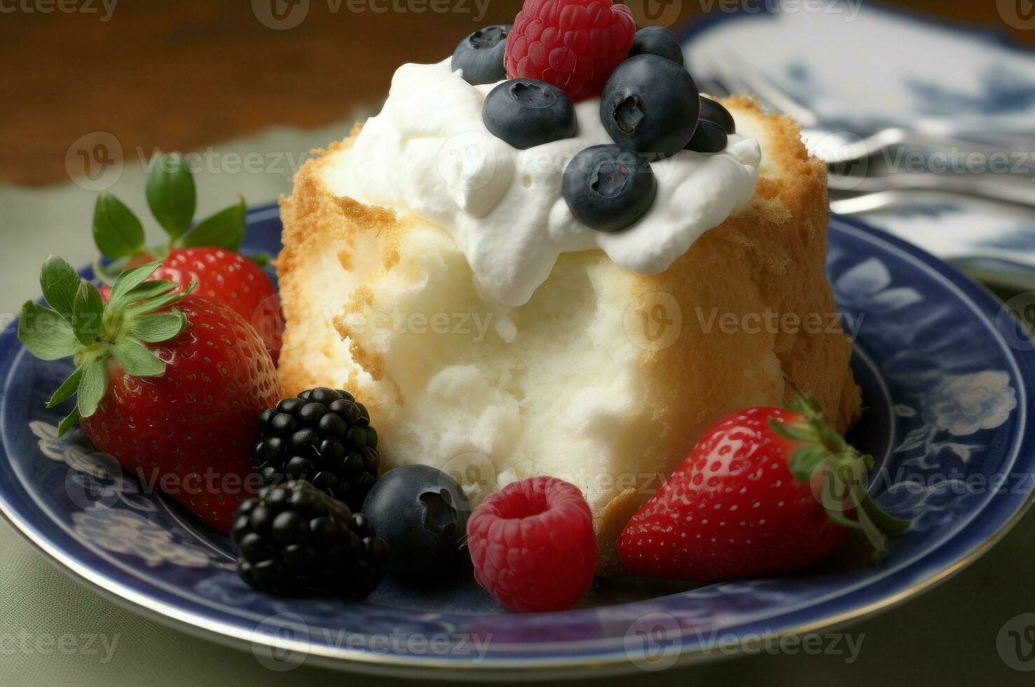 Angel cake dessert with berries. Generate ai photo
