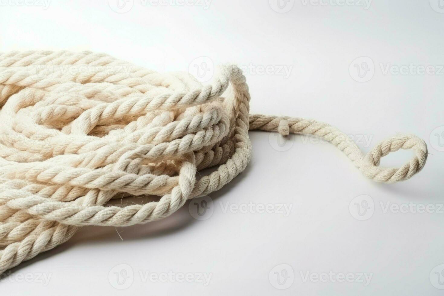 Rupture of cotton rope stack on white background. Generate Ai photo