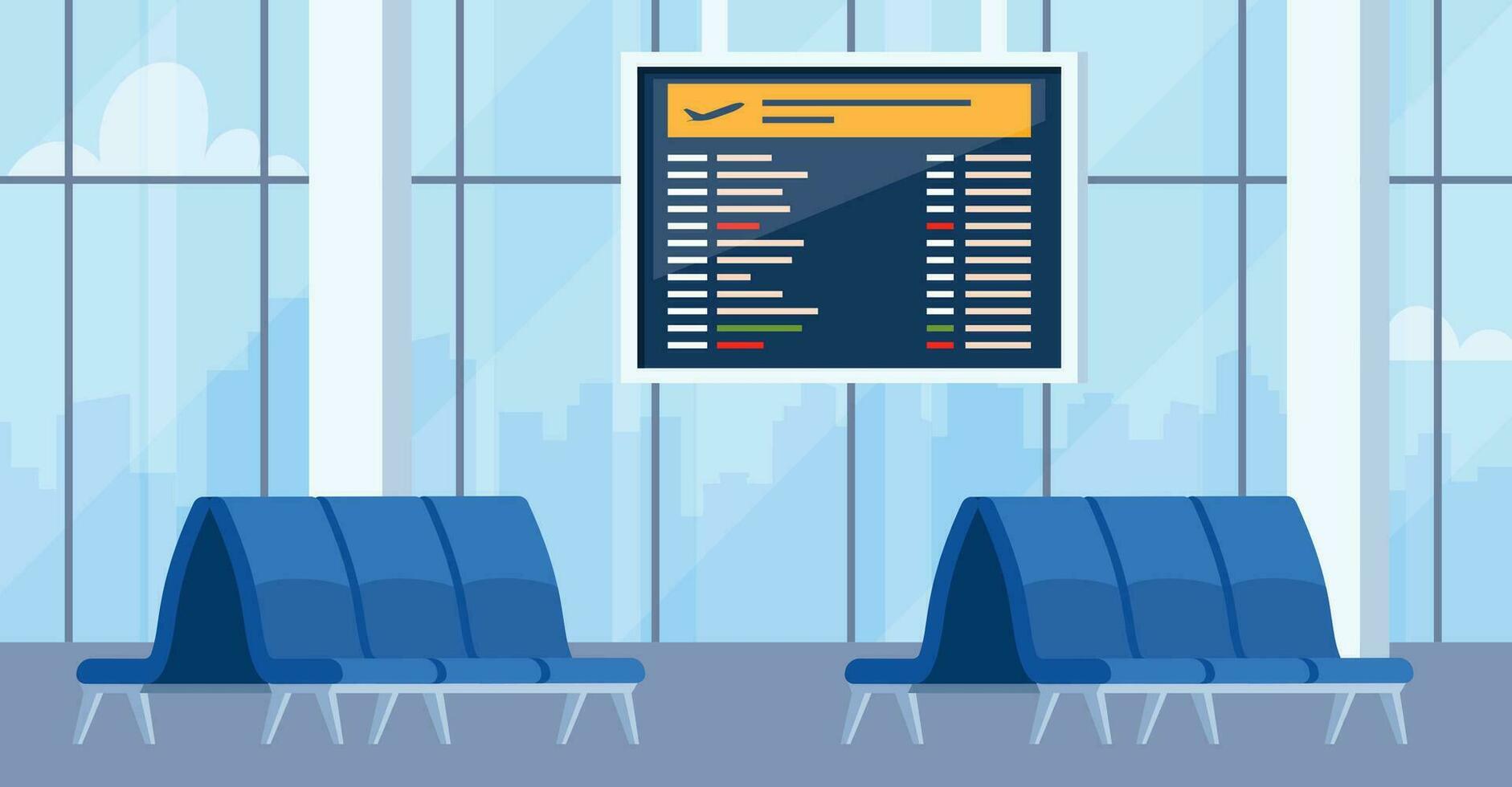 Empty airport arrival waiting room or departure lounge with chairs and information panels. Terminal hall with big airport window. Vector illustration.