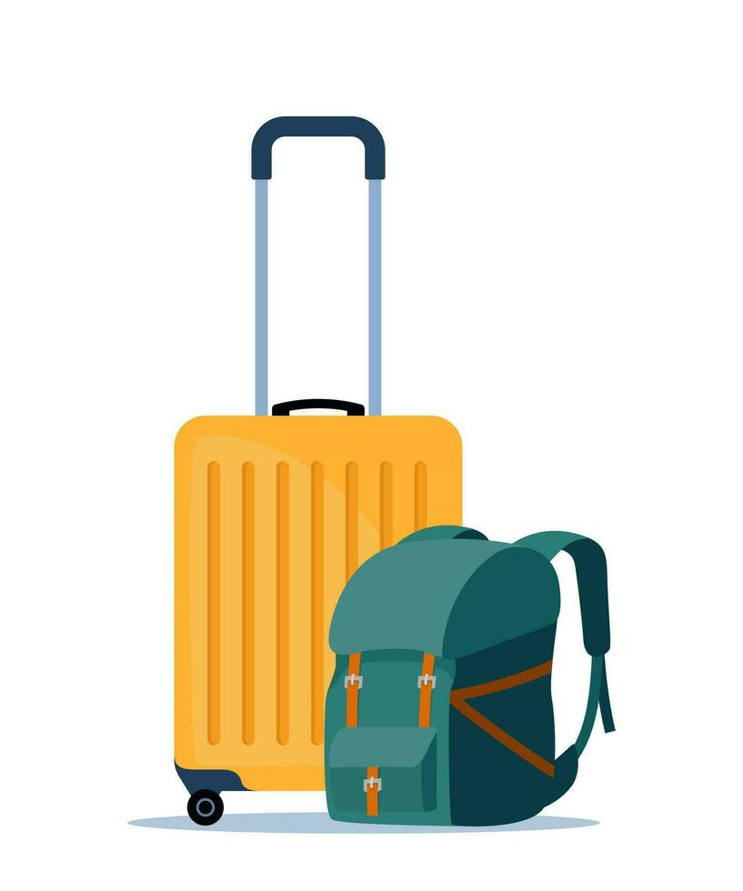 Travel bags composition. Suitcase and backpack. Tourist case, journey and adventure baggage. Travelers luggage. Vector illustration.